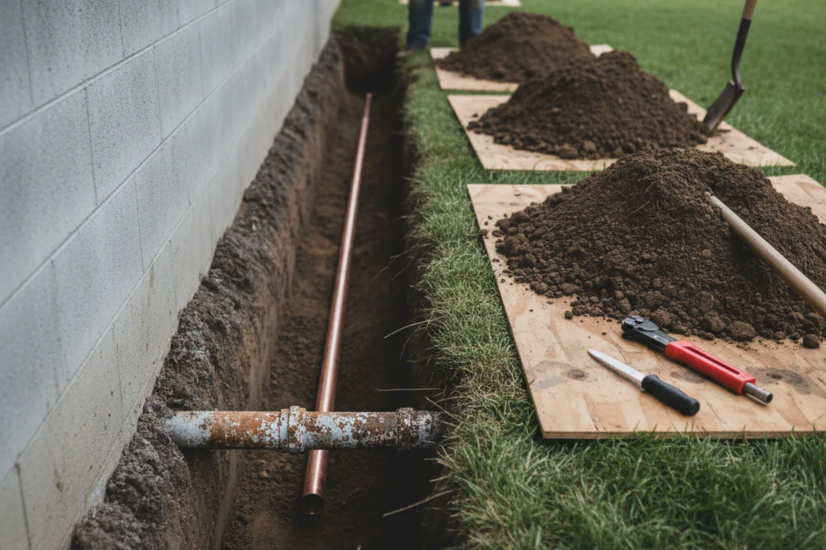 Excavated water line trench during Water Heater Repair in Wilton